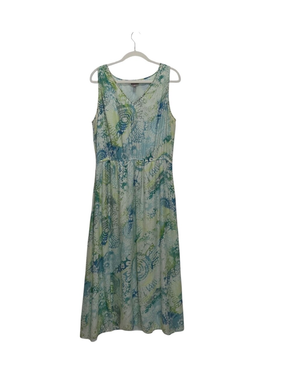 J Jill L Blue Green Cotton Silk Abstract Print Sleeveless Maxi Dress Coastal